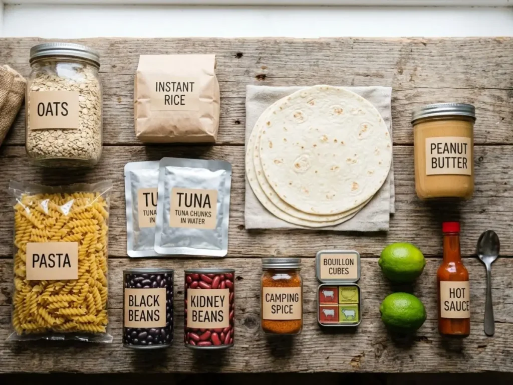 Flat-lay of inexpensive camping staples