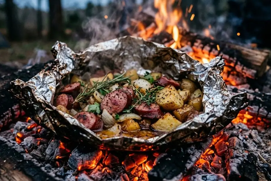 Foil packet dinner on coals