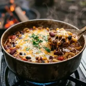 One-pot chili mac close-up 