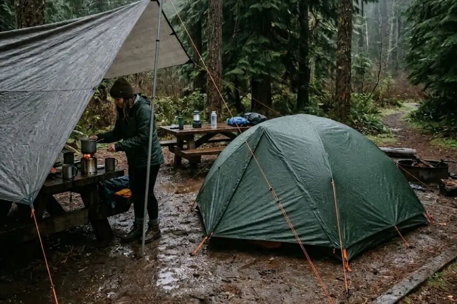 Spring camping in cold rain